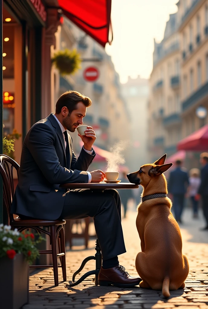 He drinks coffee in Paris. And he sees a dog. The dog also wants to eat