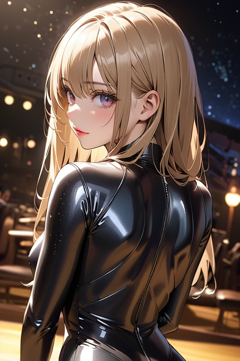 straight hair 、(back pose:1.3) or (back view:1.3),(highly detailed and very  rubber suit), (Good physique:1.2) ,Looking Over Shoulder,top quality,8k,Highly Detailed CG Unit Wallpaper,masterpiece:1.2,top quality, super high definition ,RAW photo,realistic textured skin, Cinema Lighting,Big eyes,detailed eyes,Shiny lipstick,perfect makeup,Ultra HD beautiful face,night,