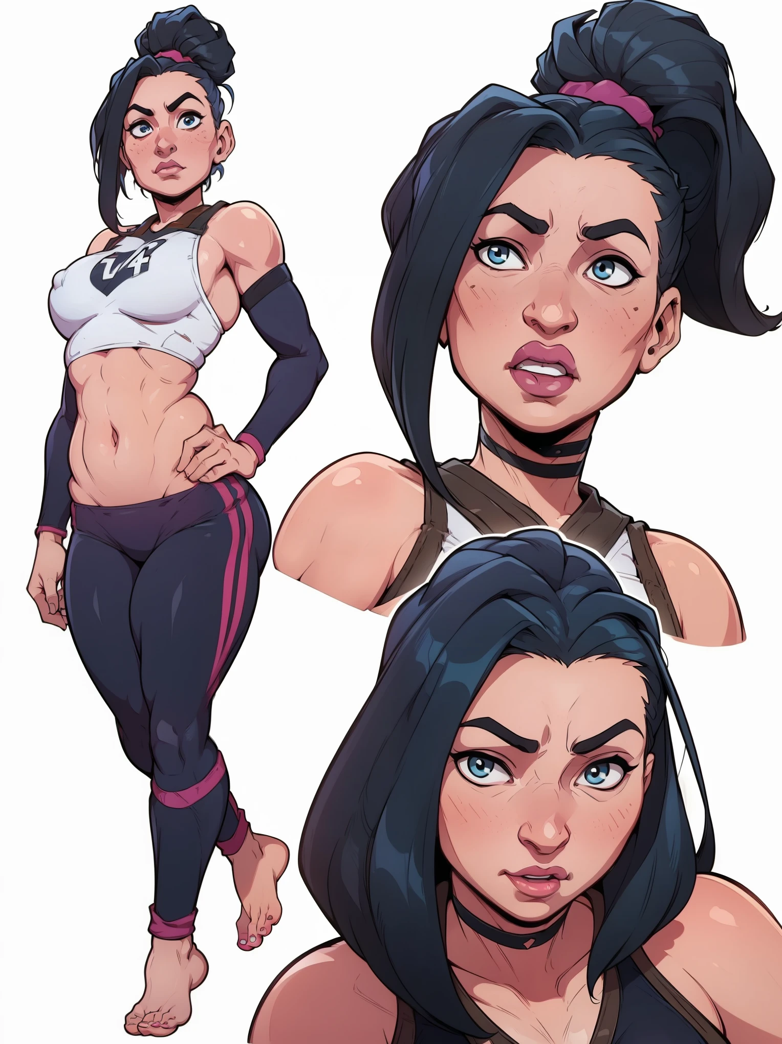 mari, wide hips, black hair, 1girl, cms, (ponytail), k4r3nh41r, exaggerated inflated legs, 4k, highly details, (((tiny breasts))), ((wearing a tiny string bikini volleyball uniform, barefoot)), sensual, 4k, highly detailed face, perfect skin, detailed face, focus on eyes, anatomically correct, ((((reference sheet, simple white background, (multiple views),))))