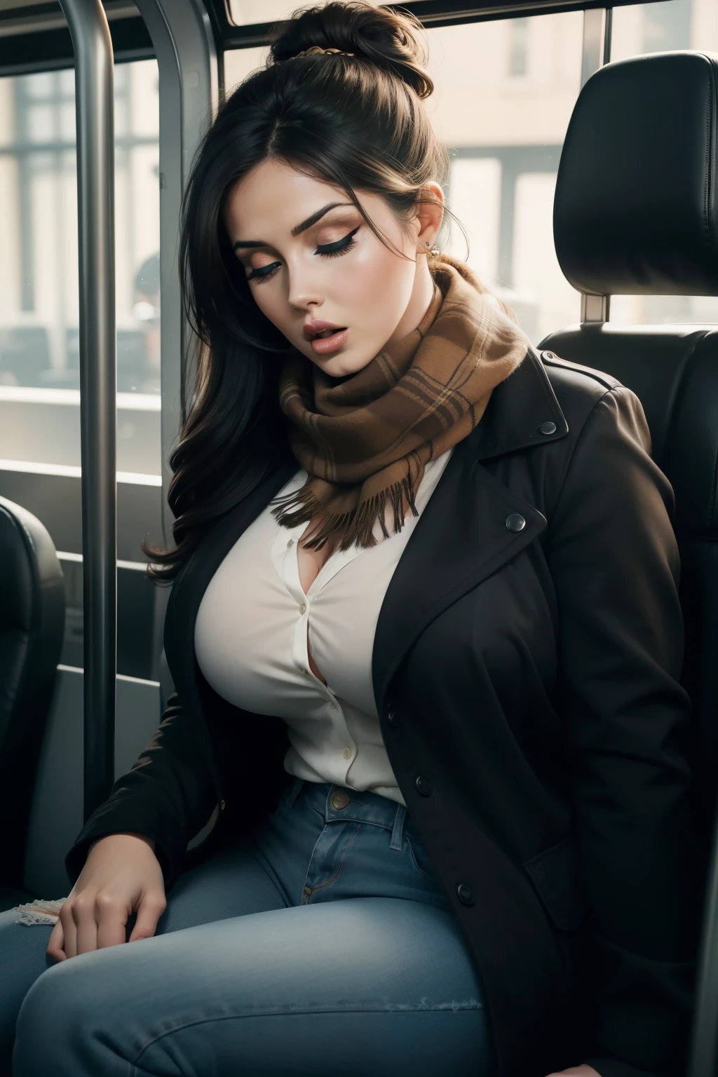 Lucy Pinder, ((Very intense makeup)), voluptuous woman, (Adele), cleavage, face portrait, long hair, brown hair, red t-shirt, ((black hooded sweatshirt)), glasses, blue jeans, hoop earrings, eyes closed, mouth wide open, sitting on the train, sleeping