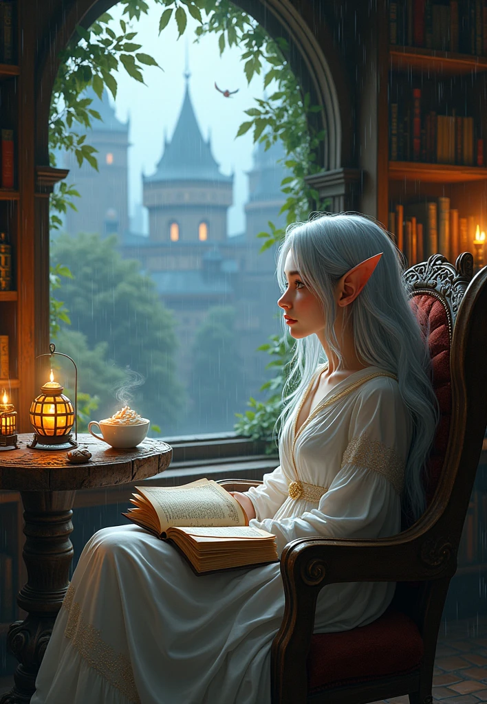 In the heart of a floating pocket-dimension library, where books hum with spells and lanterns glow with captive starlight, an ethereal fantasy girl—her silver hair threaded with moonlit strands and ears delicately pointed—rests against a winged armchair woven from living vines. Her irises shimmer like opals as she gazes through the arched, rain-slicked window, watching celestial koi fish dart between the droplets outside, each ripple in the puddles revealing glimpses of other worlds. A grimoire lies open in her lap, its pages fluttering faintly as if breathing, while a shapeshifting cat (currently in its favorite form: a fluffy nebula-pelted lynx) purrs against her shoulder, its tail flicking with tiny constellations. On the floating driftwood table beside her, a porcelain cup steams with enchanted hot chocolate that swirls like a galaxy, topped with whipped cream and edible gold. Outside, the rain isn’t just water—it’s liquid magic, painting the cobblestone paths of the floating city below in bioluminescent streaks. The air smells of ancient paper, petrichor, and burnt sugar from the alchemy lab downstairs.