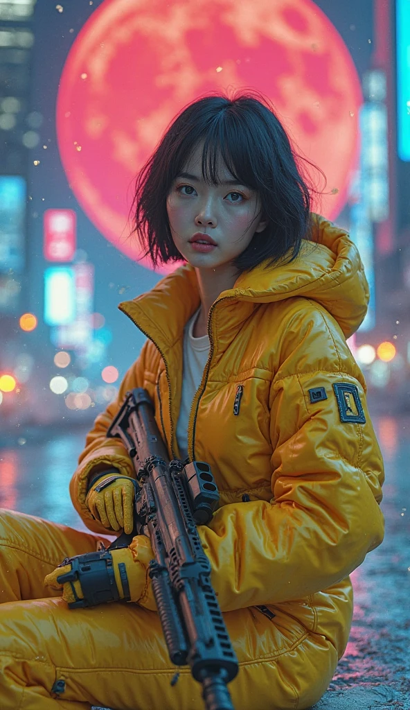(masterpiece, best quality, beauty, best ratio, best shadows,best Illustration, wallpaper size,1080×2400 pixels,detailed face,pastel colors, futuristic theme) 
uhd, korean beautiful female, full posture fully visible, shining blue eyes, windblown short hair, wear dominant yellow camo colour and yellow strip full  armory leather, yellow high heel ice skates, hand holding futuristic neon rifle emits gold energy, sitting on a bench in front of a futuristic city with many colorfull glass houses. outer space, big neon billboard, big red  moon seen on far away. use the RenderMan renderer.digital art.High definition, high contrast, high color saturation ,128k,cinematic lighting, intricate,cinematic advertising photograph,cinema lens,high res.