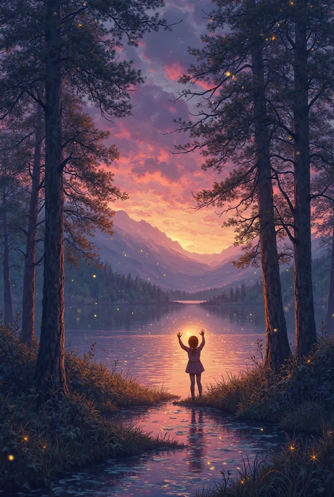 You can make a forest and in the middle you will find a lake, Let the sky be purple, pink and orange and that next to a tree you can see a girl surrounded by fireflies, That the girl is raising a yellow light with her hands