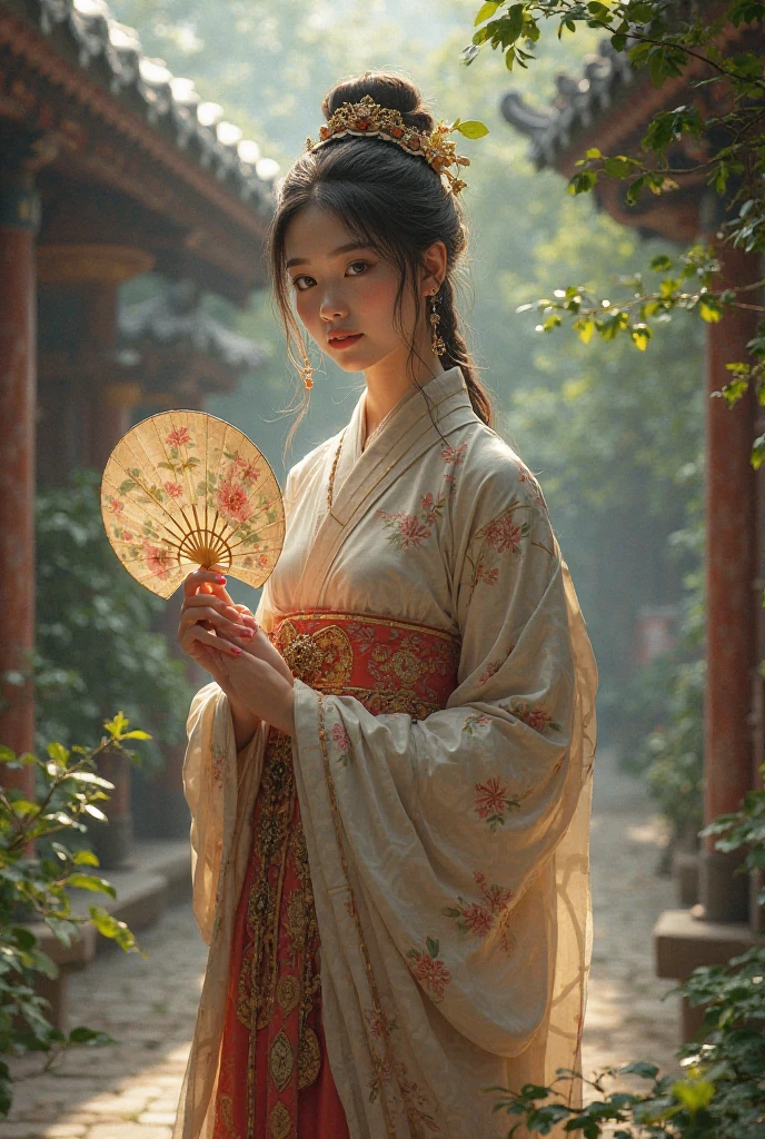 Create a picture A foreigner holding a small fan in a corner