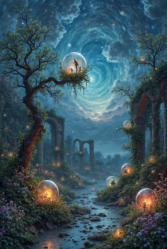 
**Prompt:**

A surreal, dreamlike garden at twilight, under a sky turned inside out with swirling cosmic clouds and inverted stars. Strange plants and gnarled trees twist toward the heavens, but instead of flowers, they bloom with glowing orbs of memory—luminescent spheres of various colors floating gently in the air, radiating soft light. Each orb contains faint, ghostly images of people, places, or moments suspended inside like memories frozen in time. The garden floor is covered in mist and dotted with bioluminescent moss and reflective pools that shimmer with hidden scenes. In the background, shadowy vines climb ruined stone arches, and distant whispering winds carry voices from the past. The atmosphere is quiet, mysterious, and filled with wonder