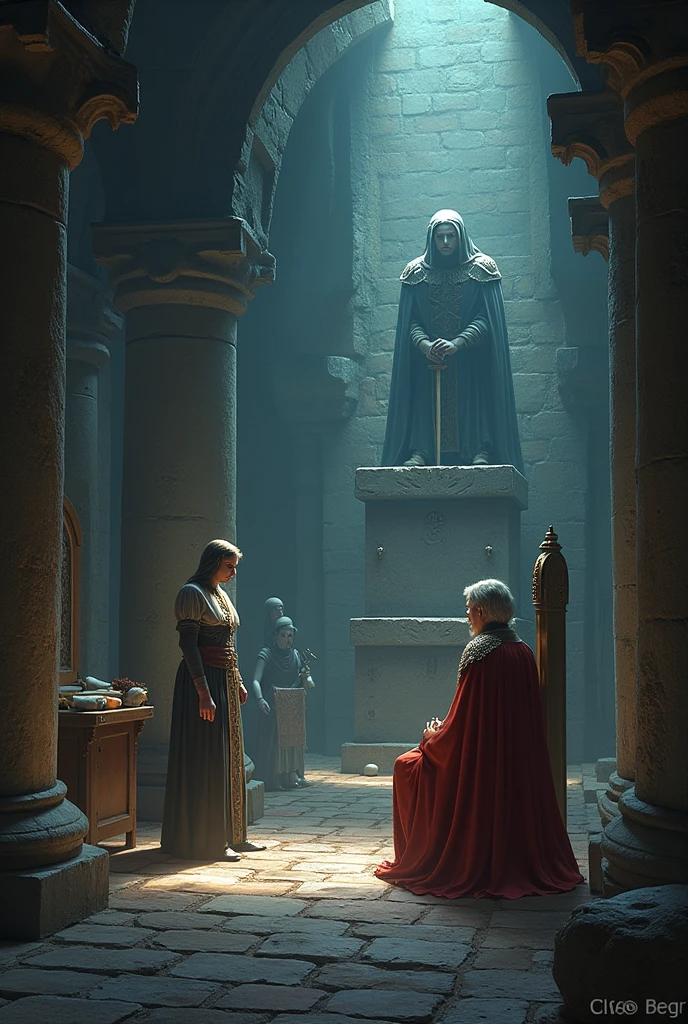 The Whispering Crown
Characters:
  King Theron: An aging king, weary and burdened.
  Lysandra: A young, ambitious advisor.
  Garrick: A loyal, but troubled, captain of the guard.
  Elara: A wise, reclusive seer.
Setting:
  The royal court of Aethelgard, a kingdom facing internal strife and external threats.
  A secluded tower where Elara resides.
(Scene 1: The Royal Court)
(Sound of hushed whispers and shuffling papers. King Theron sits on his throne, his face etched with worry. Lysandra stands beside him, holding a scroll.)
Lysandra: Your Majesty, the reports from the southern provinces grow more dire. Rebellions stir, and the Blackwood raiders grow bolder.
King Theron: (Sighs) I have heard enough of reports. What I need is a solution. Not more shadows dancing on the walls.
Garrick: (Steps forward) Your Majesty, the guard is stretched thin. We can  contain the unrest, let alone repel a full-scale invasion.
King Theron: (Rubs his temples) The Whispering Crown… it weighs heavy on my brow. I feel the kingdom slipping through my fingers.
Lysandra: Perhaps, Your Majesty, it is time to consult Elara. Her visions have guided us before.
King Theron: Elara? That recluse? She speaks in riddles and shadows. But… desperation leaves few choices. Garrick, prepare a small escort. We ride for the tower at dawn.
(Scene 2: Elara's Tower)
(The tower is dimly lit, filled with strange symbols and glowing crystals. Elara sits in a trance, her eyes closed. King Theron, Lysandra, and Garrick stand before her.)
Elara: (Her voice is ethereal) The serpent coils, its scales of shadow. The crown weeps tears of iron. The heart of the kingdom… bleeds.
King Theron: What do you mean? Speak plainly, woman!
Elara: Plain words are for simple minds. The serpent is the rebellion, fueled by envy and greed. The iron tears are the invaders, hungry for your lands. The bleeding heart… it is the betrayal within.
Lysandra: Betrayal? Who?
Elara: One who walks in your shadow, whispers in your ear, and desires the crown for their own.
Garrick: (Draws his sword slightly) Who dares such treachery?
Elara: The answer lies in the echo of the past, the forgotten oath, the hidden blade.
(Elara opens her eyes, her gaze piercing.)
Elara: Seek the ancient oath, where the first kings swore loyalty. Only then will the shadows recede.
(Scene 3: The Royal Crypts)
(King Theron, Lysandra, and Garrick stand in the dimly lit crypts, surrounded by ancient tombs. A stone tablet lies before them, inscribed with runes.)
King Theron: The ancient oath… it is said to be etched upon the founding stone.
Lysandra: (Traces the runes) These symbols… they speak of a bond, a pledge of blood and loyalty.
Garrick: (Notices a hidden compartment behind the tablet) Look!
(Garrick opens the compartment, revealing a hidden blade, its hilt adorned with a serpent motif.)
King Theron: The serpent… it is as Elara foretold. But who…?
(Lysandra’s eyes widen, and she reaches for the blade. The action gives her away. Garrick draws his sword and points it at her.)
Garrick: Lysandra!
Lysandra: (Her voice is cold) The crown was meant for one with vision, not for a king who clings to fading glories.
King Theron: You… you were the serpent.
Lysandra: I merely sought to guide Aethelgard towards its true destiny. A destiny you were too weak to grasp.
(A brief sword fight ensues. Garrick, though reluctant due to his respect for the king, must defend him. Lysandra is defeated.)
King Theron: (His voice is weary) So, it ends here.
Garrick: (Sheathes his sword) The betrayal is revealed, Your Majesty. Now, we can focus on the external threats.
King Theron: (Looks at the ancient tablet) The ancient oath… it reminds us that loyalty is the true strength of a kingdom. Let us rebuild, Garrick. Let us reclaim what has been lost.
(Scene 4: The Royal Court, Months Later)
(The court is bustling with activity. King Theron, though still bearing the marks of his trials, stands tall and resolute. Garrick commands the guard, and the kingdom is in a state of rebuilding.)
King Theron: (To Garrick) The southern provinces are pacified, and the Blackwood raiders have been driven back. Aethelgard will endure.
Garrick: Your Majesty, the people have renewed their faith in you.
King Theron: The Whispering Crown… it no longer whispers of despair, but of resilience. We have learned that even in the darkest shadows, hope can still ignite.
(The scene fades as the court continues its work, the echoes of the past fading into the promise of a stronger future.)
