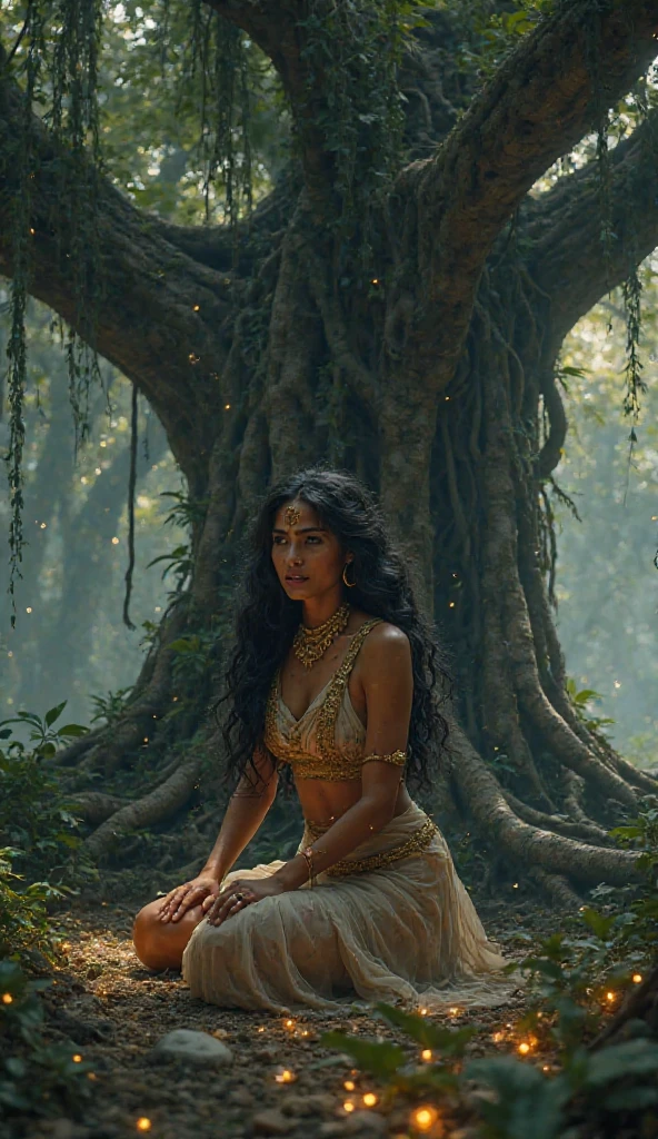 A stunning 8k portrait of a romantic scene featuring a woman named Sathya. She is seen sitting on a stone bench, surrounded by lush greenery and a picturesque waterfall. Sathya is dressed elegantly in a flowing white gown, and her long, wavy hair gently blows in the wind. She holds a single red rose, symbolizing love, in her hand. A gentle, warm sunlight filters through the trees, and there's a sense of tranquility and connection to nature in this cinematic, breathtaking image, cinematic
