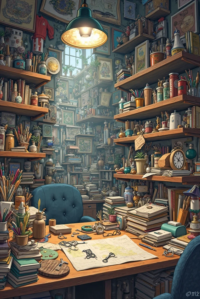 several everyday objects in a room with Many many household objects: colheres, oculos, mapas, notebooks and many other objects an image with a lot of information to serve as "Find the cup" por exemplo