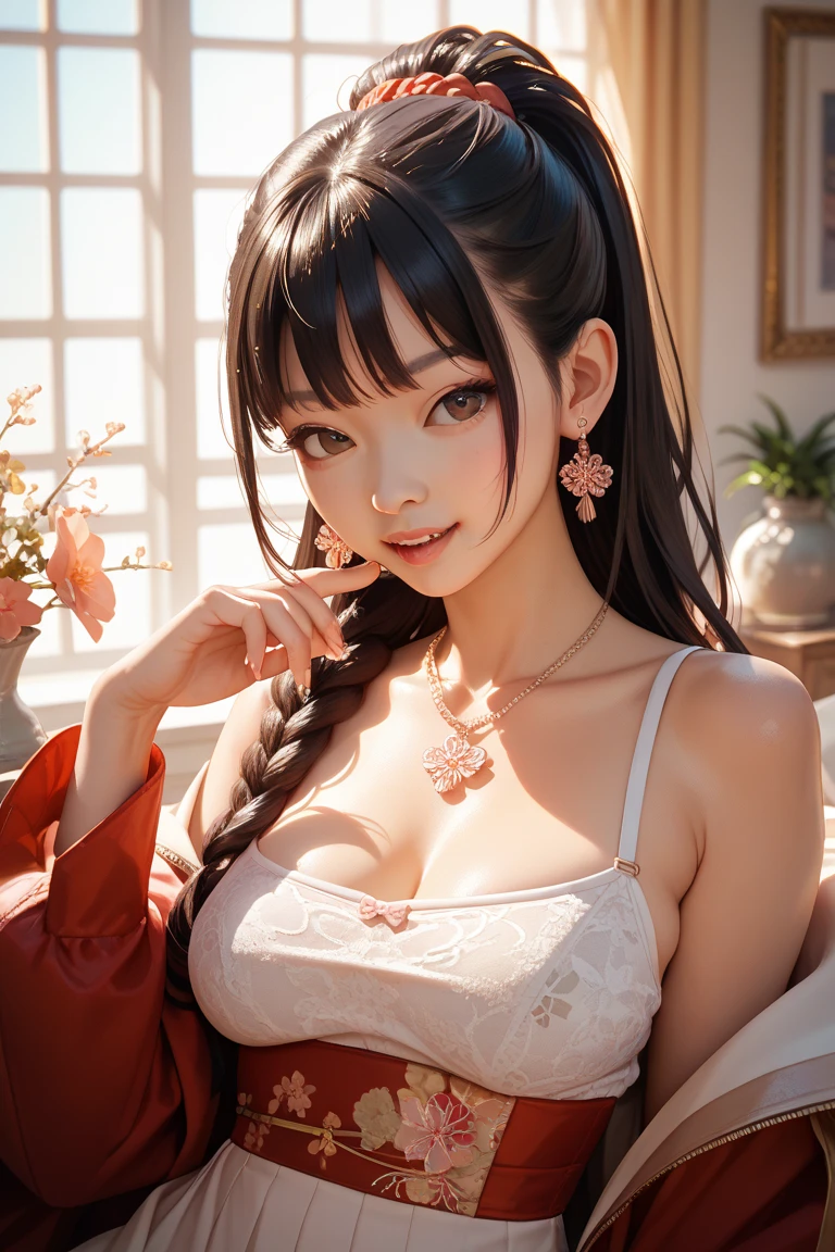 (Twoheads), 1woman, heads directly next to each other, heads same distance from camera, extremely long hair, chinese dress, heads positioned directly next to each other, faces same distance from camera, in red and black posing for a picture,