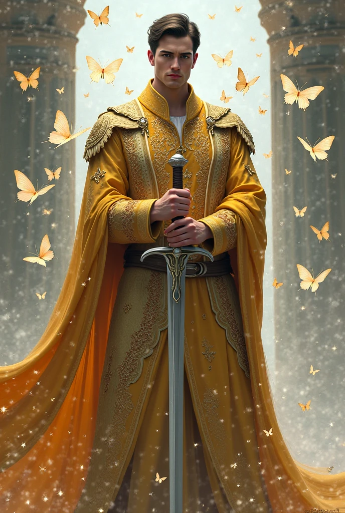 picture of a man in long overflowing imperial robes with his hand in the hilt of his sword in the ?????? girded around his waist with butterflies around him