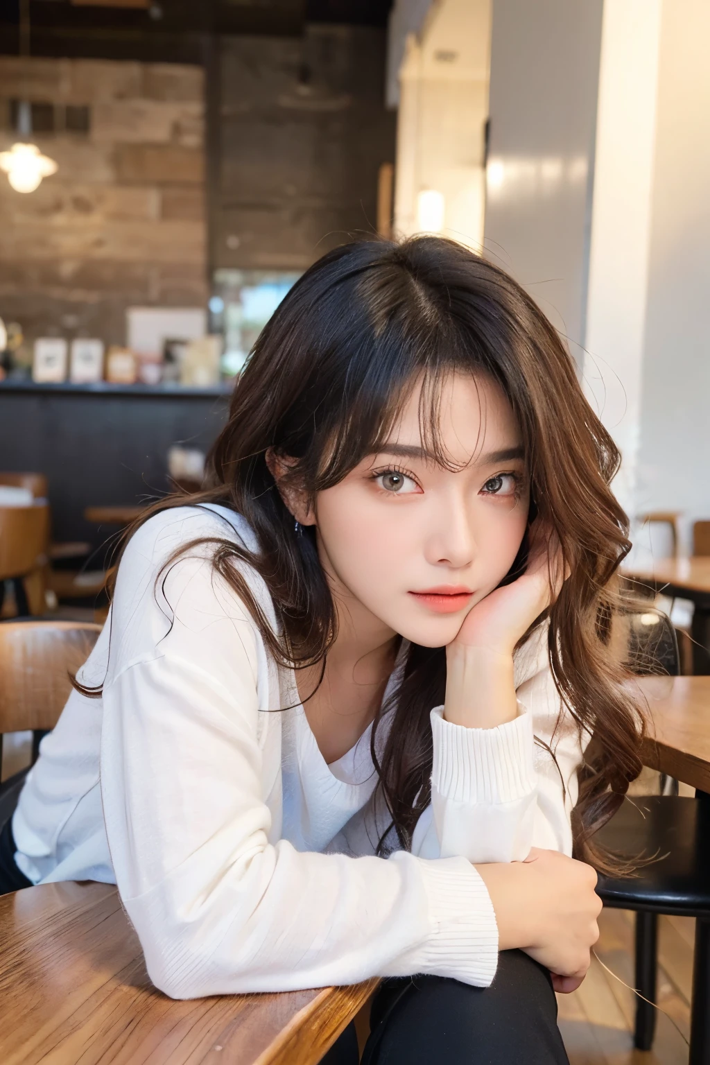 ((Masterpiece, high quality, super detailed, 8k, RAW Photo, hyper-realistic)), 1 woman, very beautiful, short wavy hair, Perfect face, thin face, ((lying silkworm eyes)), shinny skin, white long sleeve t-shirt, in modern cafe, look at the camera, slim body, perfect eyes, earings, 35 years-old, brown eyes