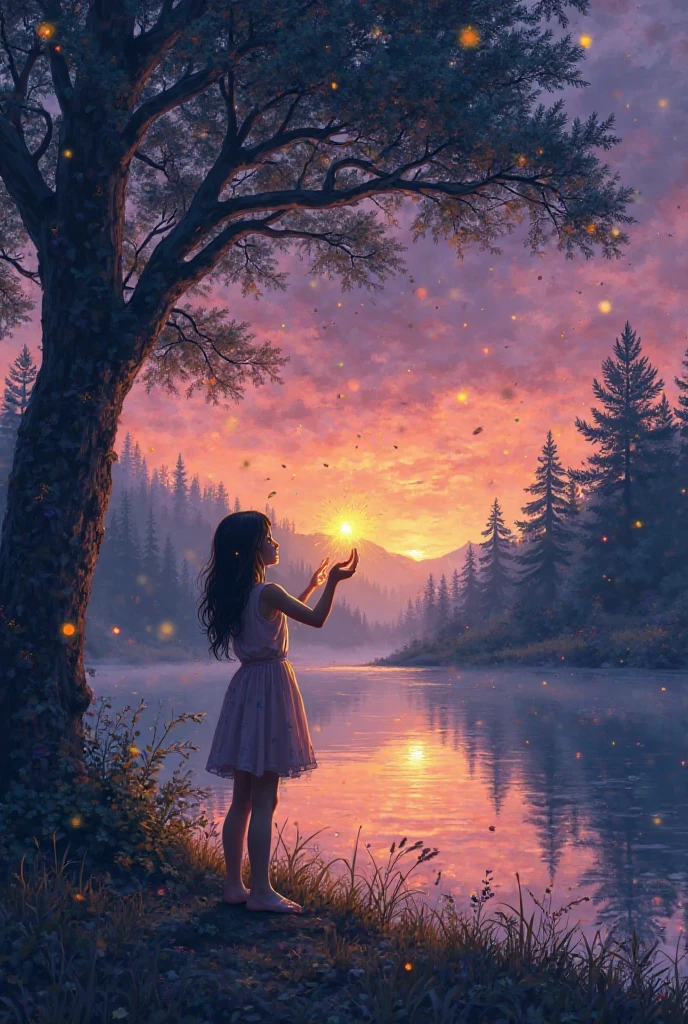 You can make a forest and in the middle you will find a lake, Let the sky be purple, pink and orange and that next to a tree you can see a girl surrounded by fireflies, That the girl is raising a yellow light with her hands