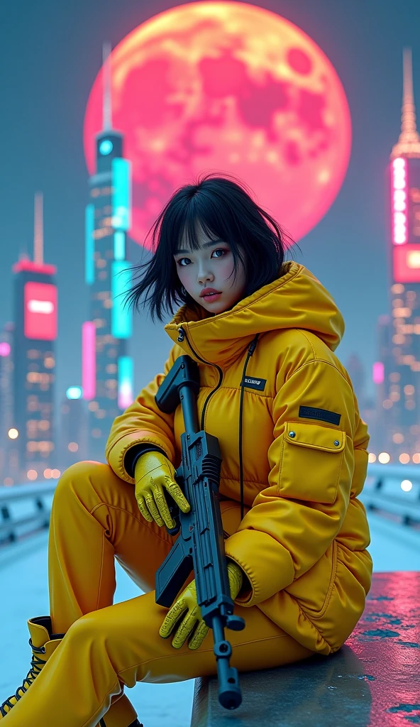 (masterpiece, best quality, beauty, best ratio, best shadows,best Illustration, wallpaper size,1080×2400 pixels,detailed face,pastel colors, futuristic theme) 
uhd, korean beautiful female, full posture fully visible, shining blue eyes, windblown short hair, wear dominant yellow camo colour and yellow strip full  armory leather, yellow high heel ice skates, hand holding futuristic neon rifle emits gold energy, sitting on a bench in front of a futuristic city with many colorfull glass houses. outer space, big neon billboard, big red  moon seen on far away. use the RenderMan renderer.digital art.High definition, high contrast, high color saturation ,128k,cinematic lighting, intricate,cinematic advertising photograph,cinema lens,high res.