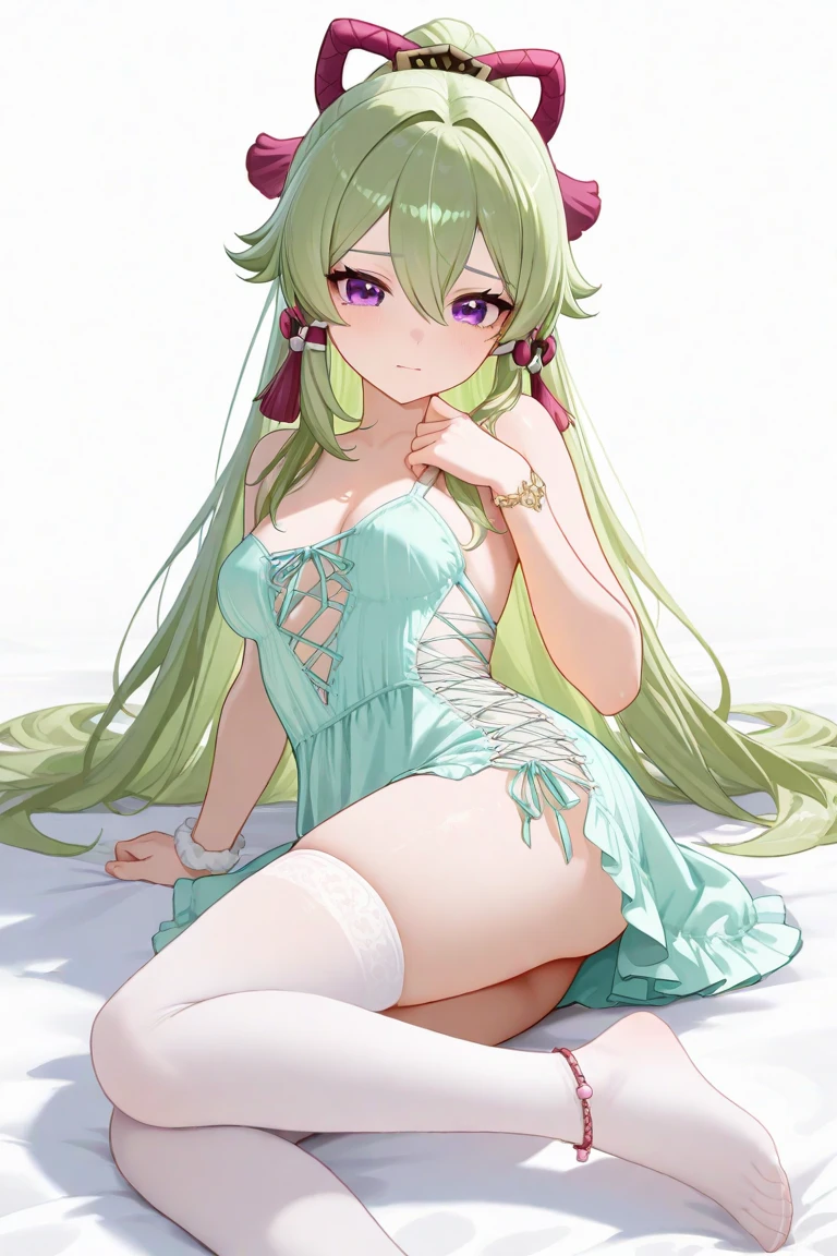 (Unity 16K Wallpaper, Masterpiece, Best Quality, Ultra Detailed, Extremely Detailed CG, Ultra High Resolution, Caustics, Detailed, Beautiful Detailed Eyes, solo, curby:1.3, negligee, full-face blush, embarrassed), fine skin, green hair
