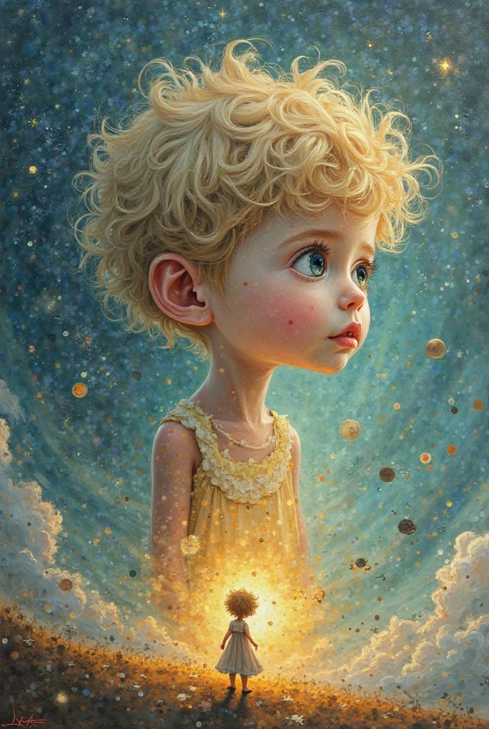 On the theme of the little prince. Avec la phrase,: you can only see with the heart. It must look like a contemporary painting 
