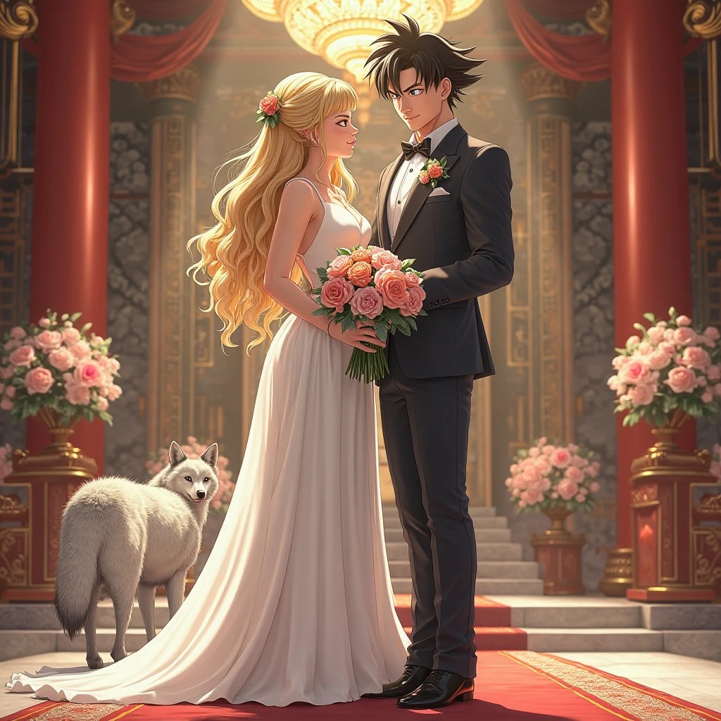 Make me Goku classed in suits that pairs with a woman in a white dress, blonde, et un loup avec un bouquet de pivoine, dans une salle de cérémonie de mariage