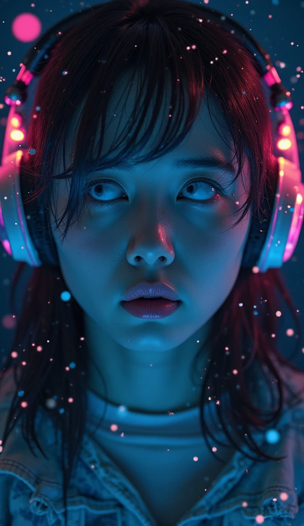 Close-up of a person wearing headphones, listening to their own voice with a confused or surprised expression, sound waves and colorful audio frequencies subtly glowing around their head in a surreal way, floating shapes representing sound distortion, dark background with soft neon light, photorealistic face with anime-style rendering, emotional tone, deep shadows, cinematic focus on the eyes and ears, slightly futuristic and symbolic, abstract representation of hearing perception, 8K ultra-detailed, artistic sound visualization