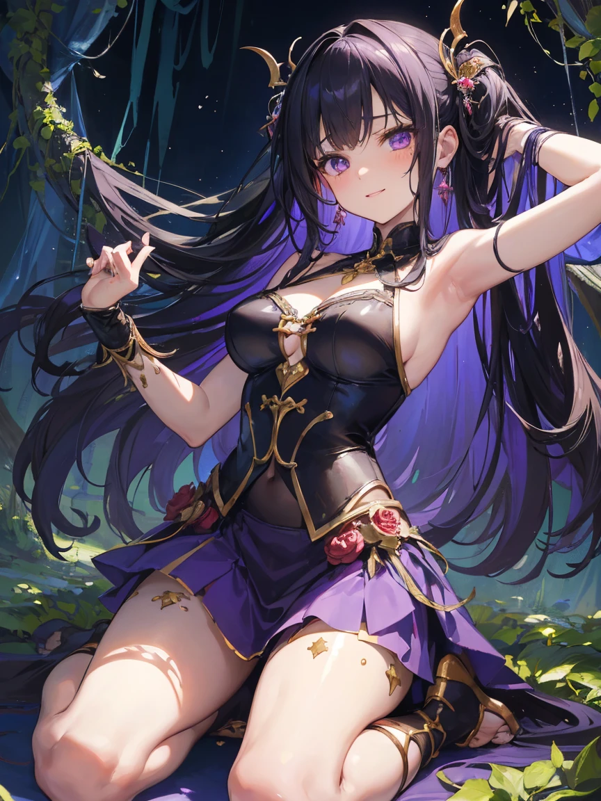Long cut hair、Black Hair、Elf、Brown Skin、Purple Dress、garter belt、stockings、Cane、Wizard