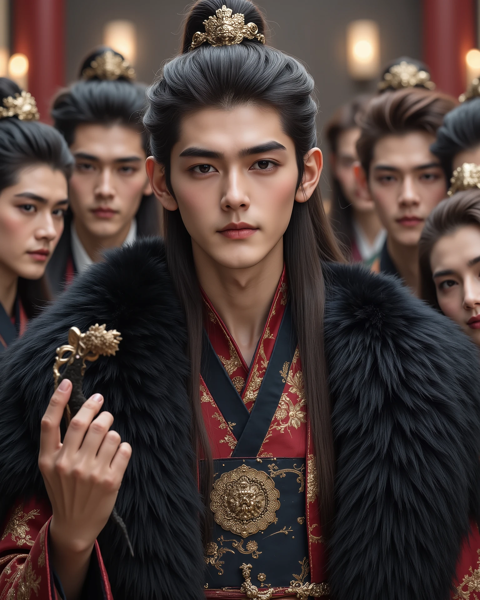 A handsome young man of 20 years old, with long hair, wearing an antique Chinese dress, black fur, dark eyebrows, big eyes, charming, nose, famous white skin, 4 men standing surrounded by one woman with love, longing to preserve her.