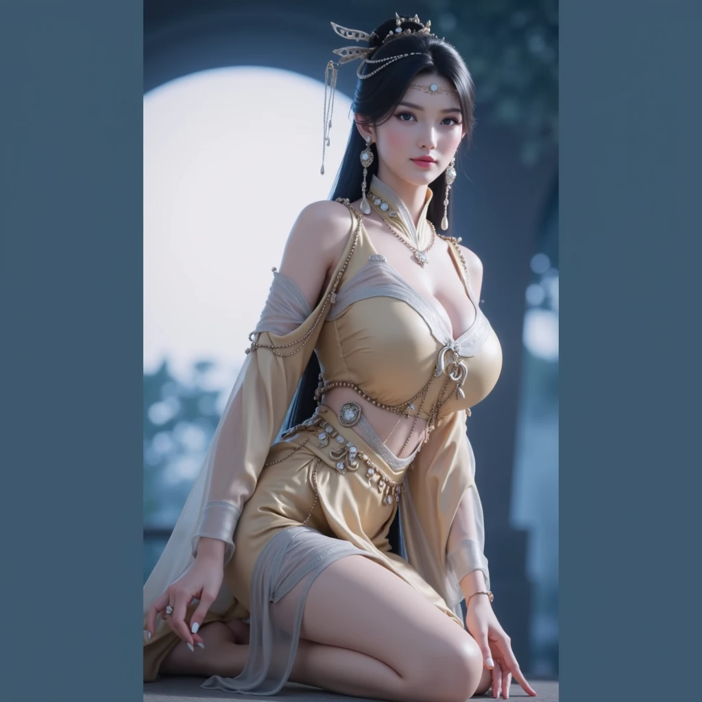(hyperrealistic), (illustration), (high resolution), (8K), (extremely detailed), (best illustration), (beautiful detailed eyes), (best quality), (ultra-detailed), (masterpiece), (wallpaper), (photorealistic), (natural light), (rim lighting), (detailed face), (high detailed realistic skin texture), (anatomically correct), (solo), (1 girl), (high detailed realistic hair), (black hair:1.37), (heterochromic eyes), (detailed eyes), (light brown eyes:1.35), (sparkling eyes), (realistic big breasts:1.5), (exposed nipple breasts:1.35), (long legs), (slender abs), (dynamic pose), (closed tiny mouth:1.3), nsfw, concentrated expression.