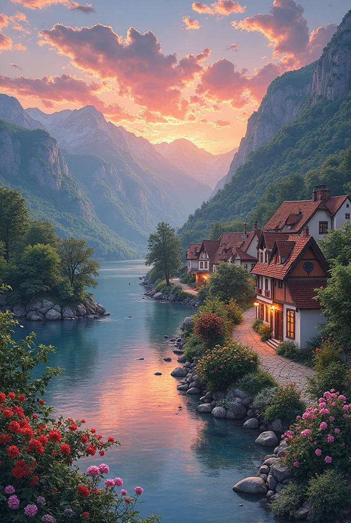 A small town by the river, mountains in the background, colorful floral flowers, detailed landscape, beautiful natural landscapes, atmospheric lighting, scorching sunset, warm colors, practical, photographic, detailed foliage, complex buildings, cobblestone street, charming country house, vibrant colors, lush vegetation, reflections in the water,  picturesque, idyllic, artwork, photos, 8K, style, anime style