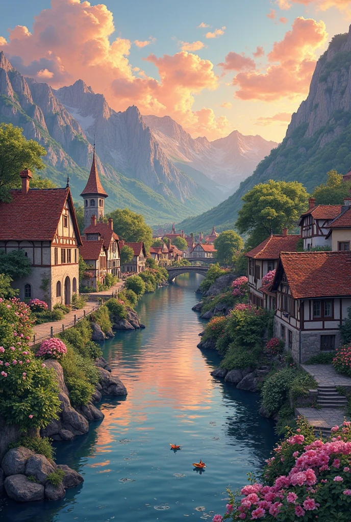 A small town by the river, mountains in the background, colorful floral flowers, detailed landscape, beautiful natural landscapes, atmospheric lighting, scorching sunset, warm colors, practical, photographic, detailed foliage, complex buildings, cobblestone street, charming country house, vibrant colors, lush vegetation, reflections in the water,  picturesque, idyllic, artwork, photos, 8K, style, anime style