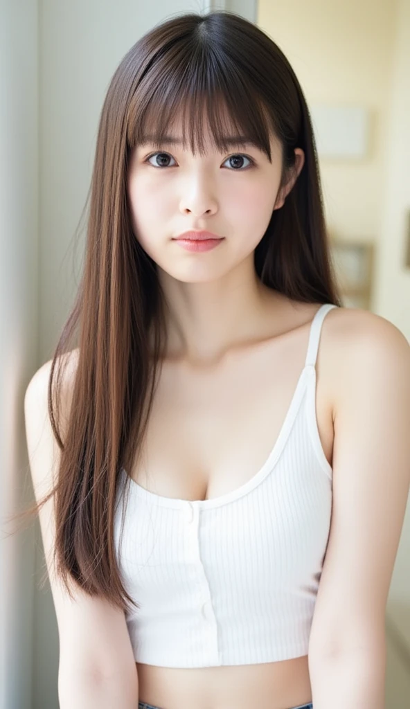 table top, highest quality, 16k, 1 girl, 16, big breasts, Raw photo, professional photography, portrait, soft light, professional lighting, alone, 笑face, close, face, close, cute, girly, goddess, delicate girl, pure beauty, Digital single-lens reflex camera, avert your eyes, Frank, Sophisticated, film grain, (目とfaceの詳細:1.0), long hair swaying in the wind, bangs, (White tight tank top that clings to the breasts)、(Pale light blue-purple pleated skirt)、(big breasts:1.5)、cute hanging eyes、late night office、I'm sitting in a chair in front of my computer