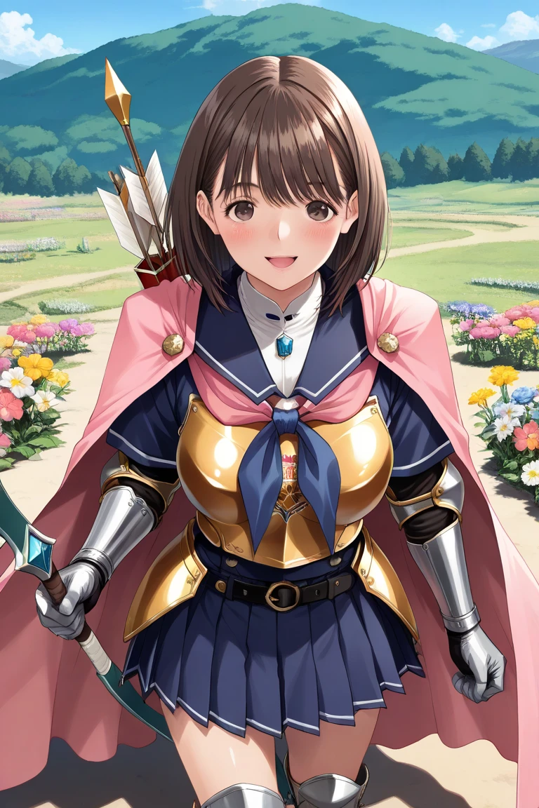 <lora:PSarisaV1:0.75> arisa, brown hair,long hair, pink hairband, blue armor, pink mini skirt, green eyes, white thighhighs, large breasts,nature,
(best quality, masterpiece, RAW photo,ultra-detailed:1.2), <lyco:GoodHands-beta2:1.0>,1girl,solo,looking at viewer,smile