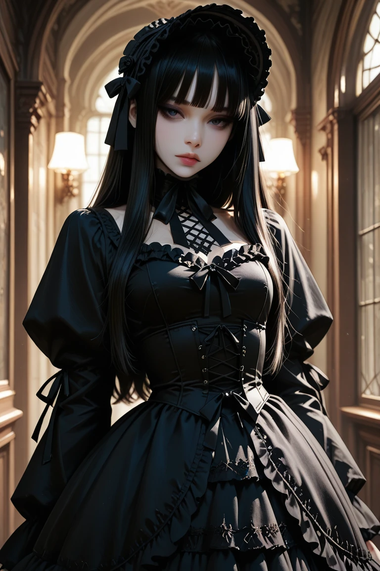 8k, masterpiece, 1 girl, beautiful face, very long hair, hair ornament, light makeup, detailed eyes, small breast, ultra detailed clothes, (black princess dress:1.5), lace:1.5, ((closed up)), necklace, jewellery, amazing balcony background,