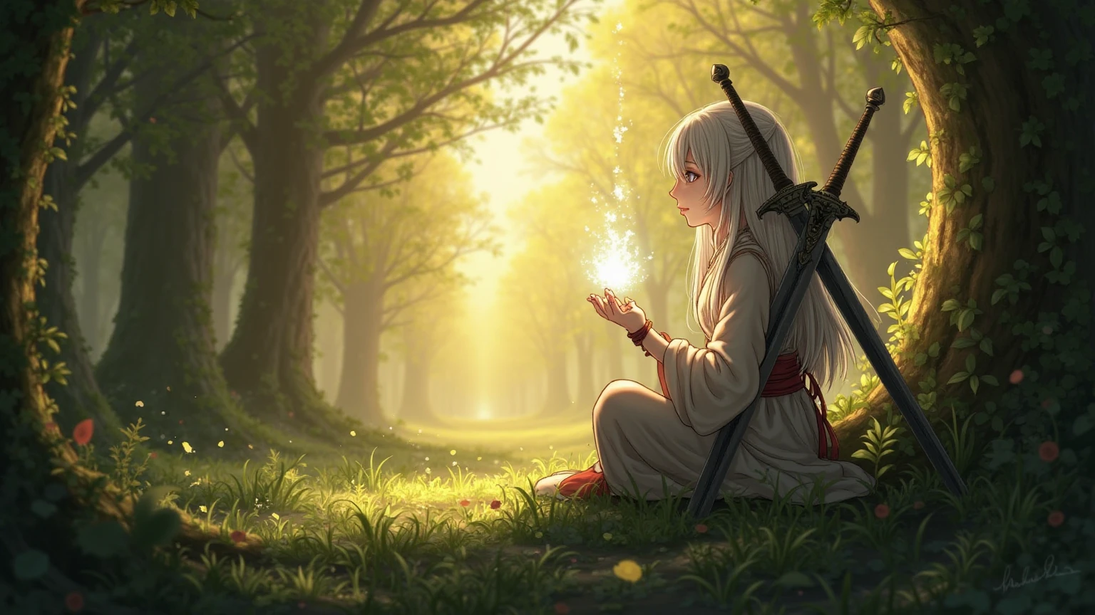  Une petite fille from the back assise dans une forêt a la golden hour elle a une épée dans le dos et une boule flame blanche dans la main
Elle a les cheveux long et gris

Fais plus réaliste