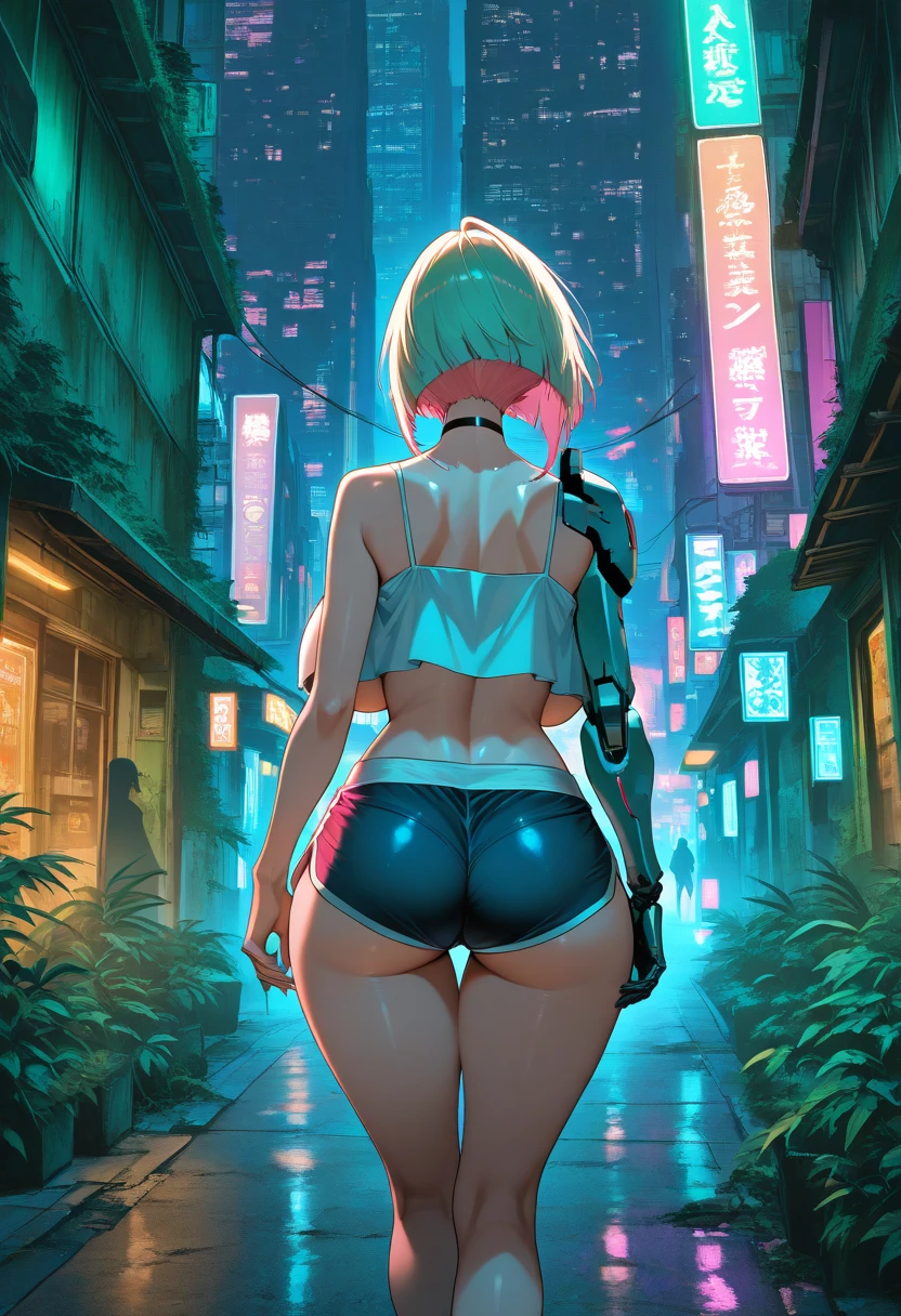 Arafed woman in a thin bikini and small light pink posing in a city, blonde, long hair, muscular, big ass, green eyes, light pink lipstick, silver earring, american face, cyberpunk oppai, female cyberpunk anime girl, female cyberpunk anime girl, trend in cgstation, seductive anime girl, digital cyberpunk anime art, digital cyberpunk - anime art,  Cyberpunk 2 0 Y. The model girl, dreamy cyberpunk girl, photorealistic anime girl render, in Cyberpunk City, Cyberpunk anime art --auto