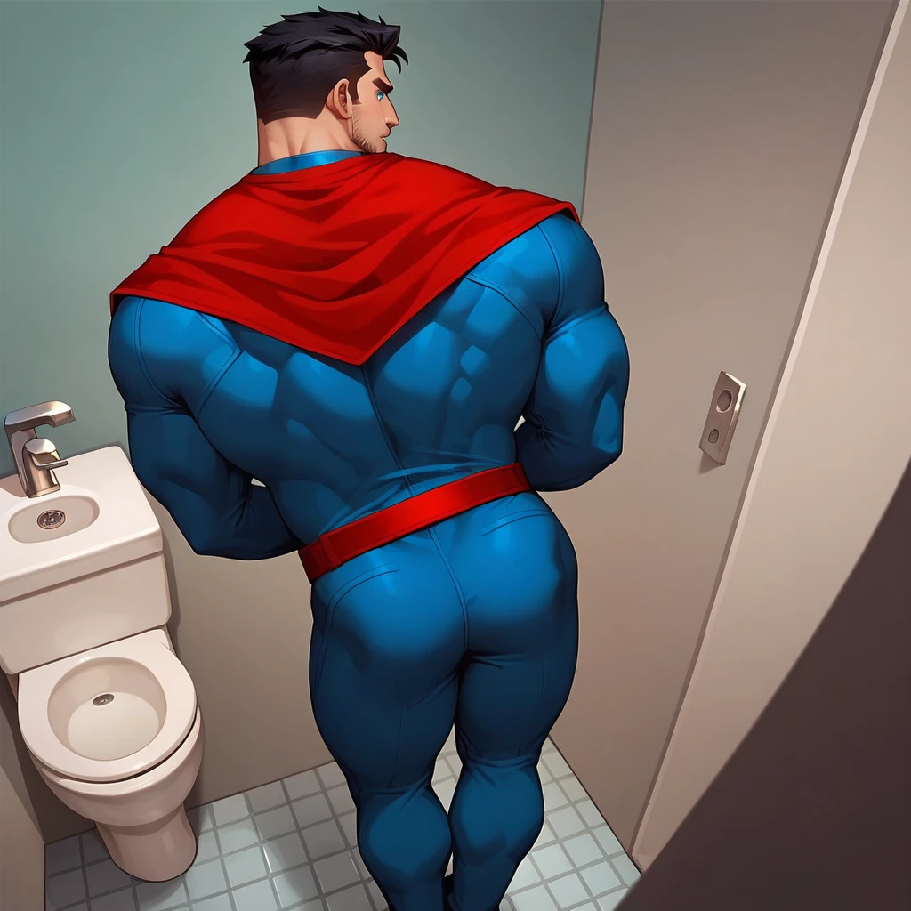 4k resolution a brown wolf wearing blue Superman spandex costume, red speedo, red boots, red cape, sucking a penis through a glory hole, with condom on, public restroom, by chunie
