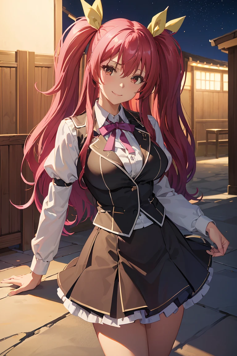 masterpiece、top-quality、1 girl、Stella Vermillion、Uniforms、black thighhighs、self-assured、Smiling Courtyard、is standing、cowboy shot、A smile、tease, (white panties:1.3)、(Skirt that rolls up:1.3)、sexy