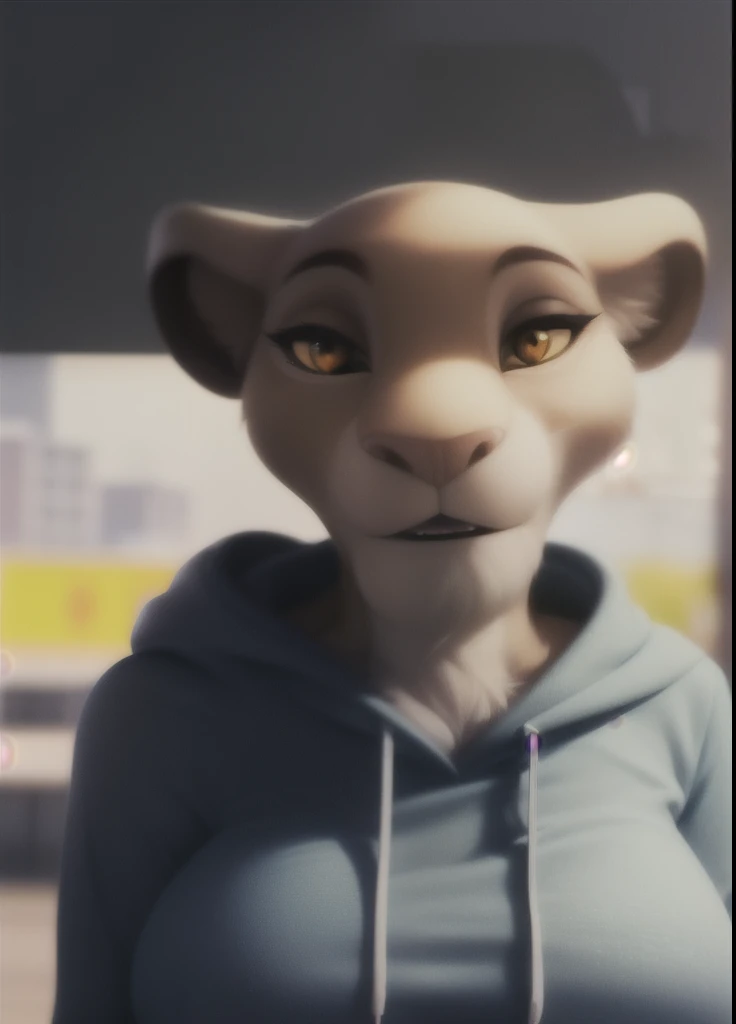 sarabi, furry female anthro, lion girl, portrait, close-up, (hoodie:1.2), fur trim, solo, (body fur:1.2), (best quality), (detailed urban background:1.2), dramatic lighting, (detailed fluffy fur:1.1), looking at viewer, big breasts, teacher's shirt, рубашка розовая учительская и брюки