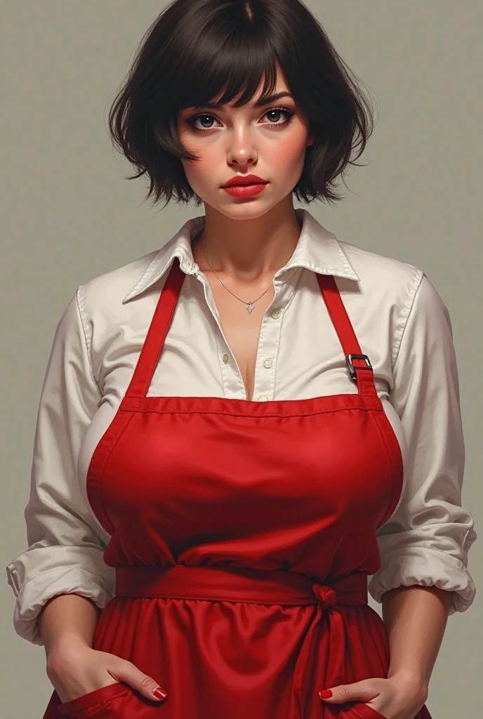A woman with short black hair with black eyes wearing a white shirt and a red apron with huge, round  and ass