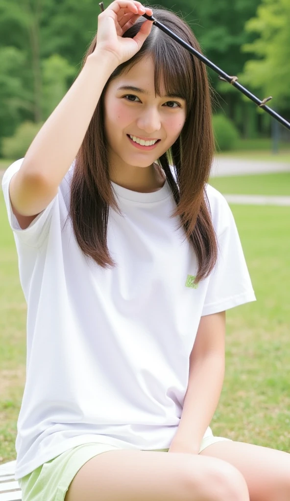 best quality, photorealistic, 8k, highres, perfect lighting, masterpiece, realistic, closeup portrait,
1girl, piercing eyes, wearing a green t-shirt, medium breasts, medium hair, looking at viewer, <lora:nanamin_30:0.8>, smile, outdoors, in a park,