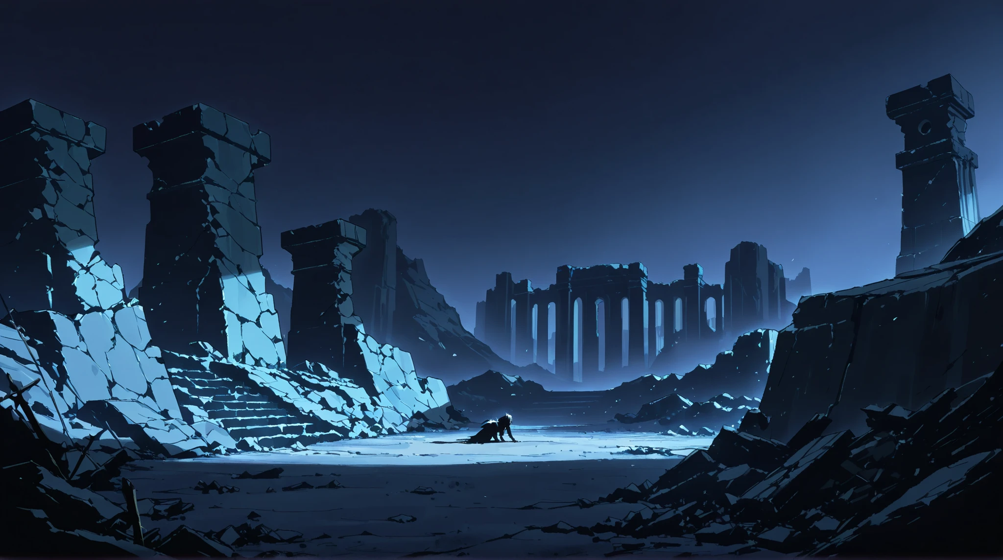 anime style, dark ruined kingdom landscape, shadows crawling over stone ruins, broken statues, heavy atmosphere, cinematic lighting, desaturated tones