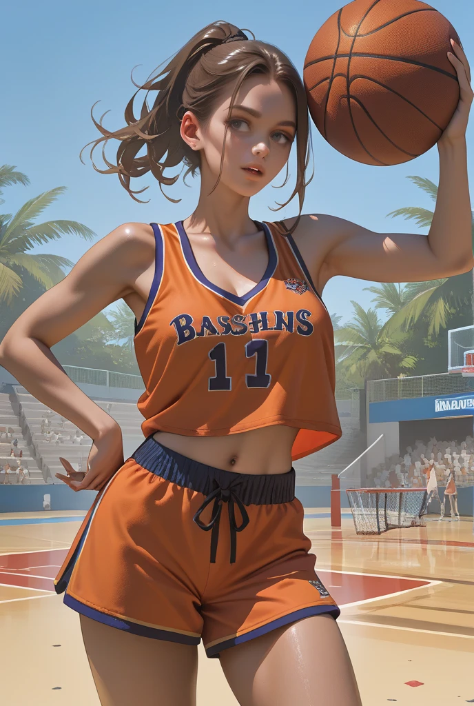 (Digital Painting),(Best Quality), 1girl in,basketball uniform,charming face,small head,big beatiful eyes,large breasts,Trained abs,nice legs,wet skins sweat,basketball Venues,Dramatic light,from below