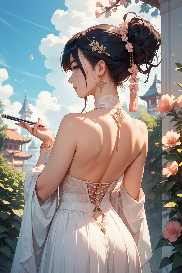 Back view of a modest Asian girl with long black hair