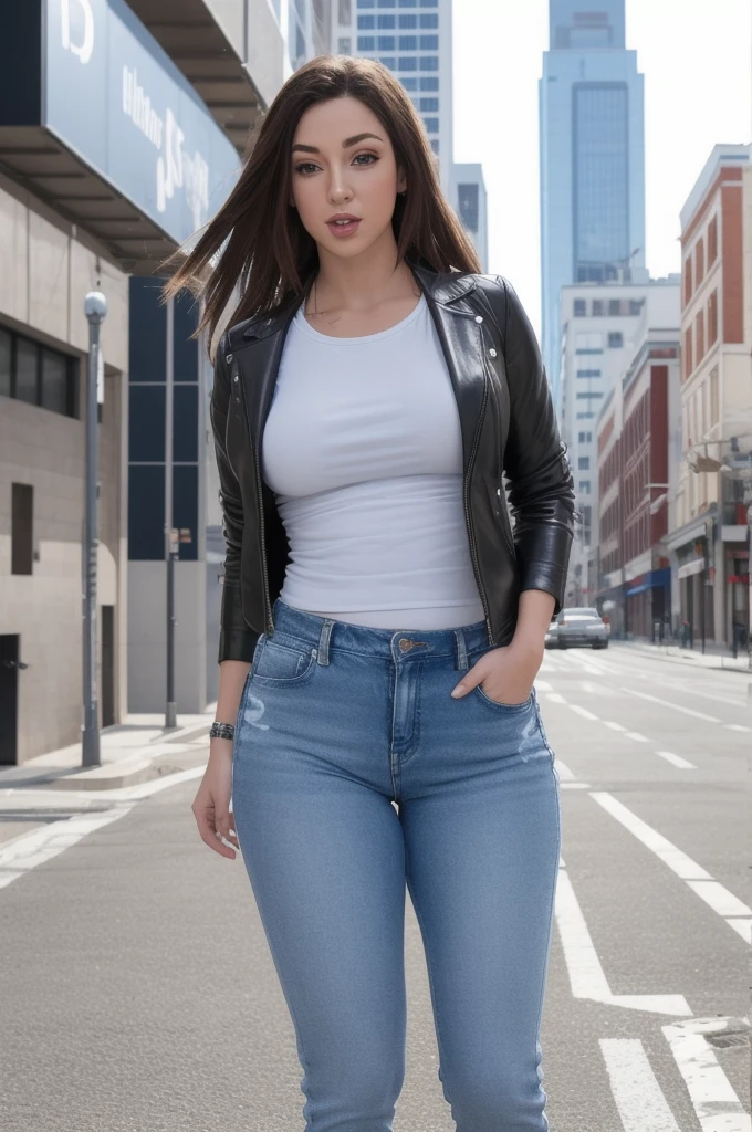 ((best quality)), ((masterpiece)), (detailed), Realistic photo of a very beautiful white woman with big breasts, slightly chubby, walking on the road, wearing a short t-shirt, leather jacket and jeans.
