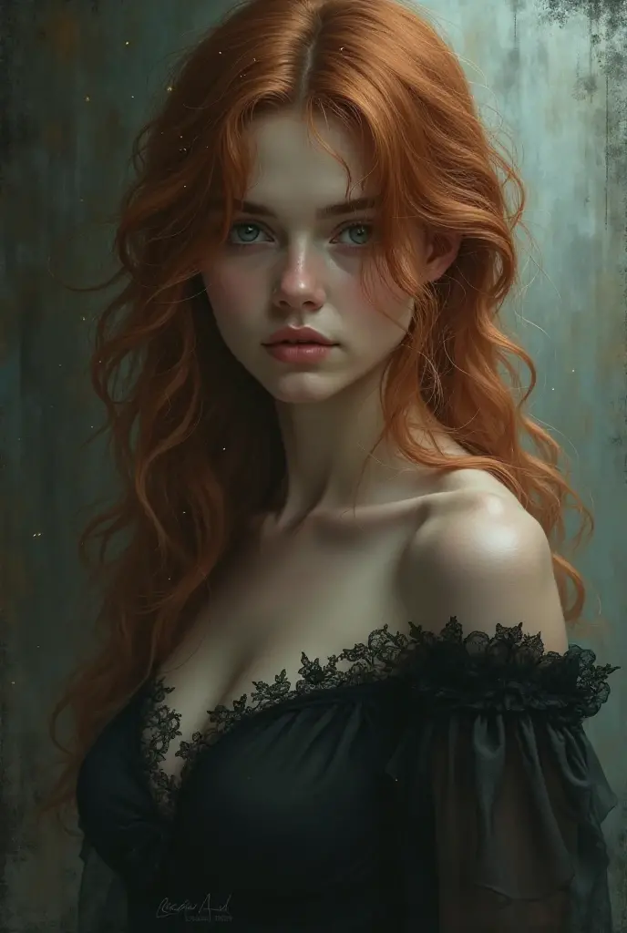 A realistic picture of a woman with long red hair wearing a long modest black dress