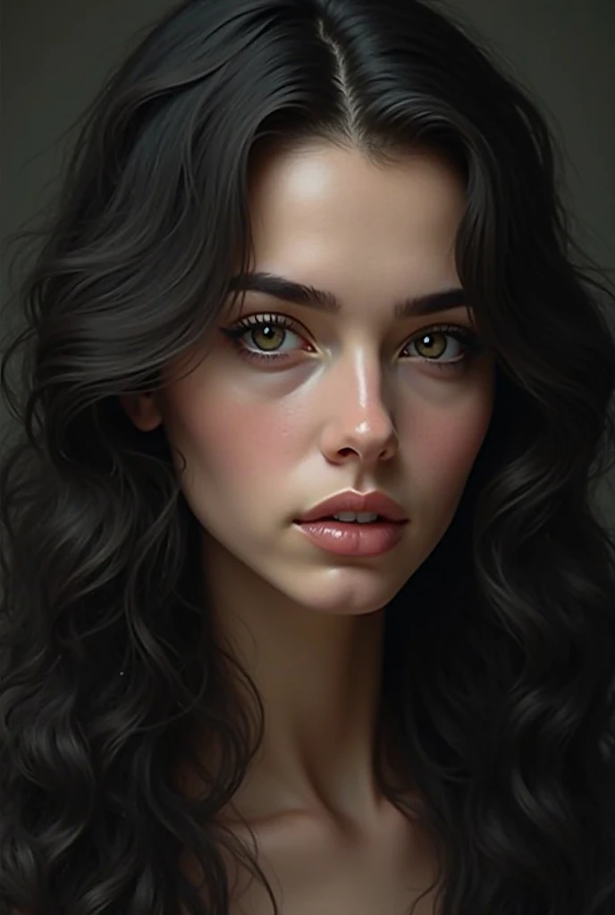 A young woman with light skin colour, long black wawy-curly hair, sharp jawline and nose, grey colour eyes.