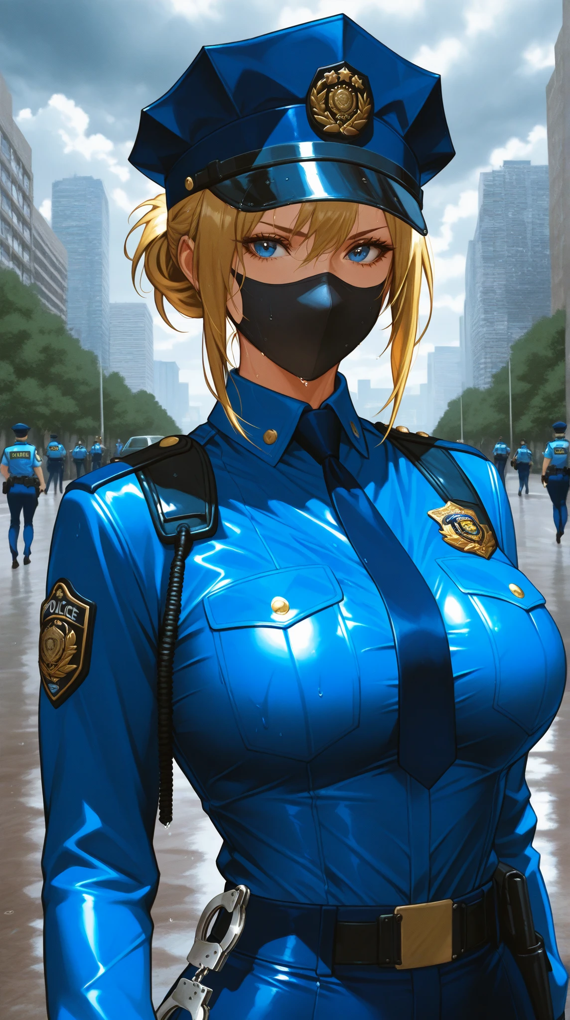 best quality masterpiece extremely detailed highres 1girl huge breasts sexy police Bodysuit mask