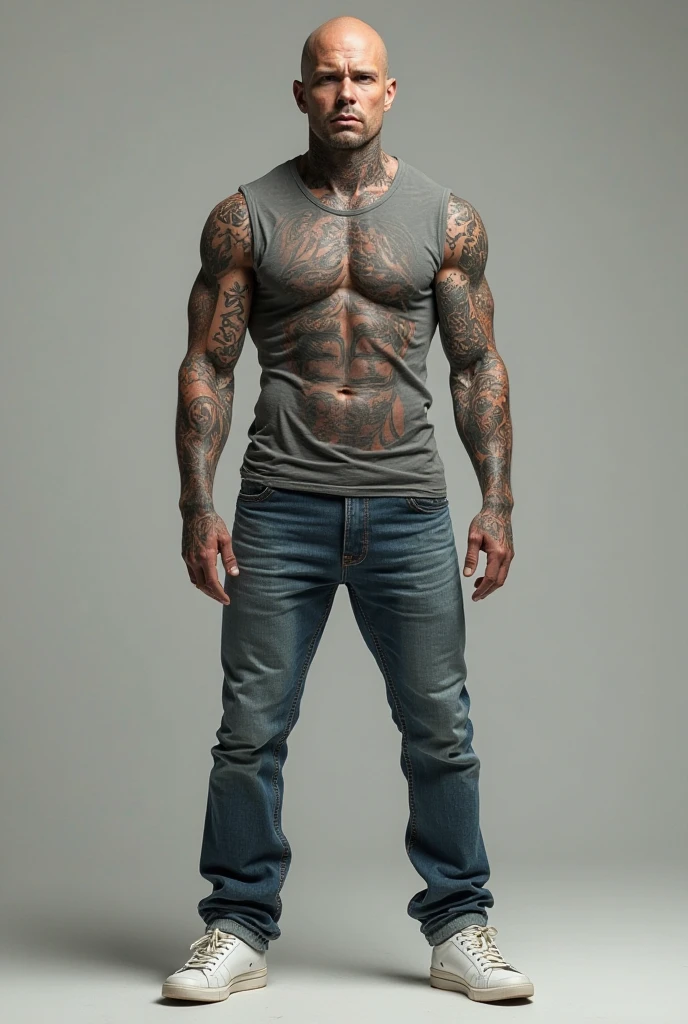 a strong, tattooed Russian man in just his underwear