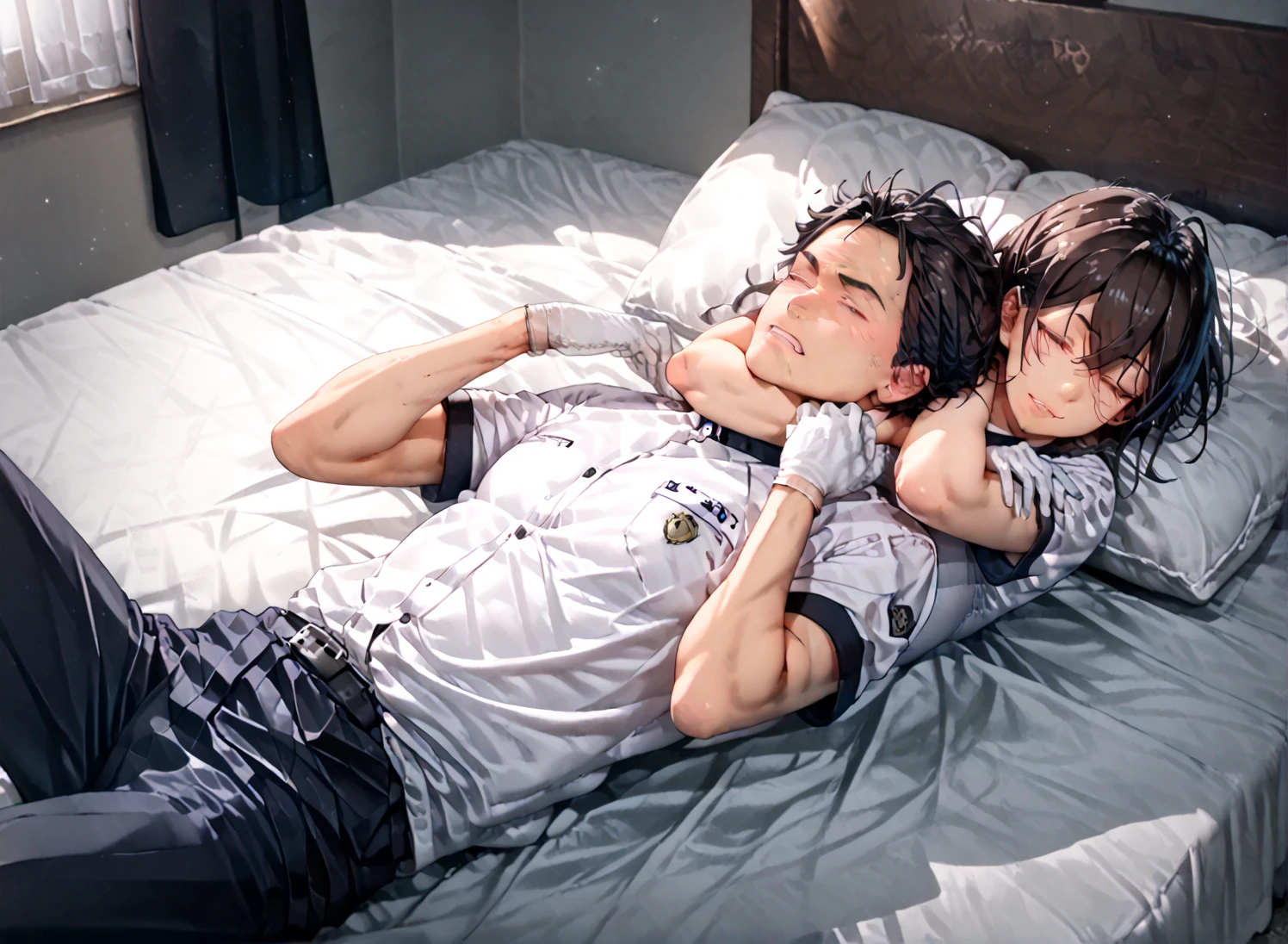 Jungkook LYING DOWN at front seat of CAR, wearing tattered BLACK fitness SHORTS, wearing blue basketball JERSEY “[69]”, exhausted, SWEATY, both hands BEHIND head