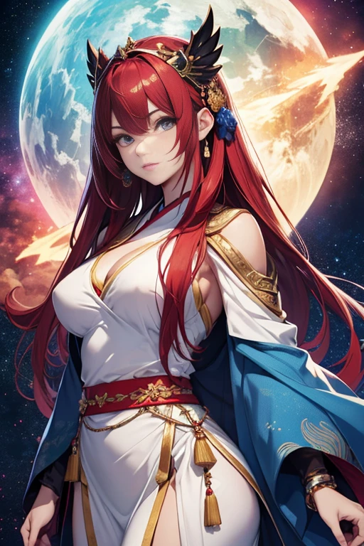 Beautiful Japanese goddess named Jenna. Alta, imponente. Strong and powerful musculature, strong biceps. Long straight long red hair.  White and blue dress . celestial background