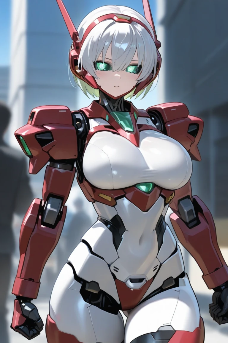 1girl, white hair, very short hair, red bodysuit, bodysuit, green eyes, futuristic, machinery, science-fiction, large breasts, toned, breasts, thick thighs, smile, sword, neon trim, neon, neon lights, green trim, ((red bodysuit))