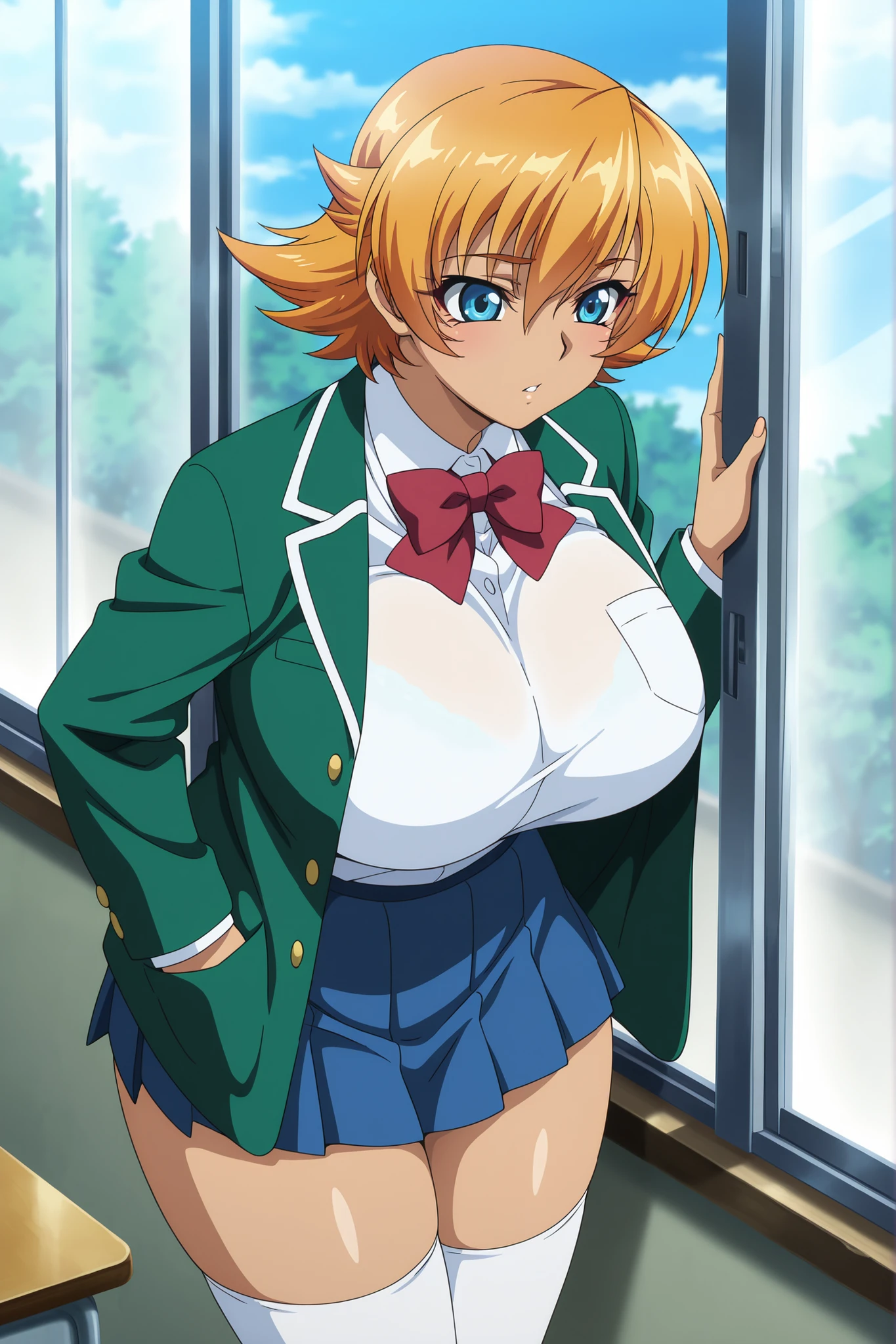 masterpiece,best quality, amazing quality, very aesthetic,anime screencap ,1girl,solo, Igawa Sakura,orange hair, short hair, flipped hair, blue eyes,curvy, huge breasts,school uniform, green jacket, pleated skirt, miniskirt, loafers, white thighhighs, open window, blue skies,leaning back, against window,classroom,school,standing,hand in pocket, cowboy shot,