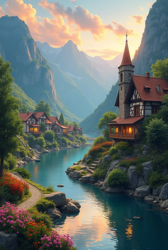 A small town by the river, Mountains in the background, Colorful flowers, Detailed landscape, Beautiful Natural Scenery, Atmospheric lighting, blazing sunset,  warm color , Practical and Photographically Practical, Detailed leaves, Complex buildings , Gravel path , charming country house, swirling colorful colors, lush greenery, quiet water reflection, picturesque, Pastoral, Work of art, Best Quality, 8k, of the building is very detailed, Anime Styling