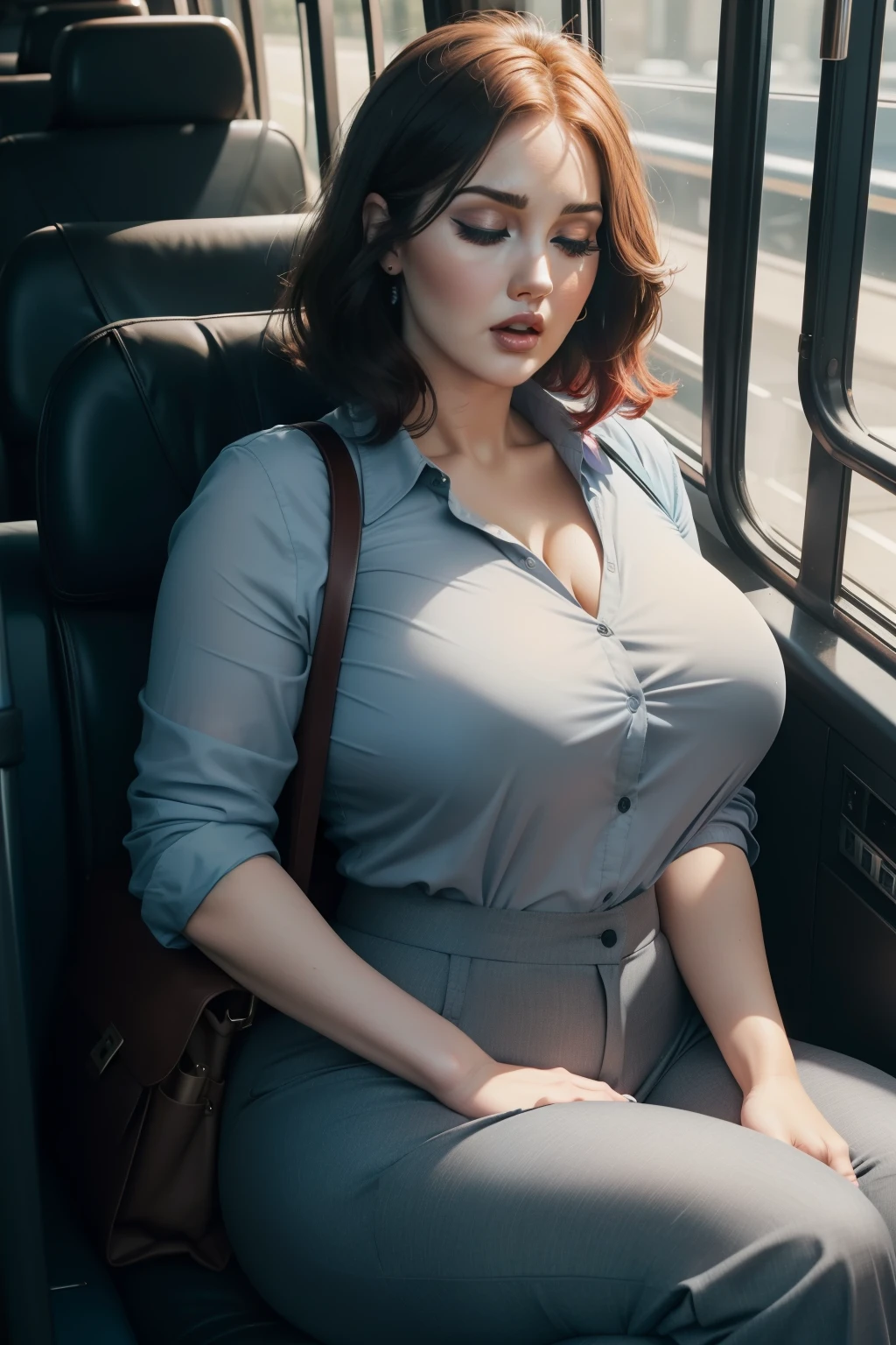 lucy pinder, portrait, face portrait, brown skin, smiling, red lips, full lips, chubby, voluptuous woman, brown hair, curly hair, glasses, button-down blouse, white blouse, belt, long jeans, sitting in the car.